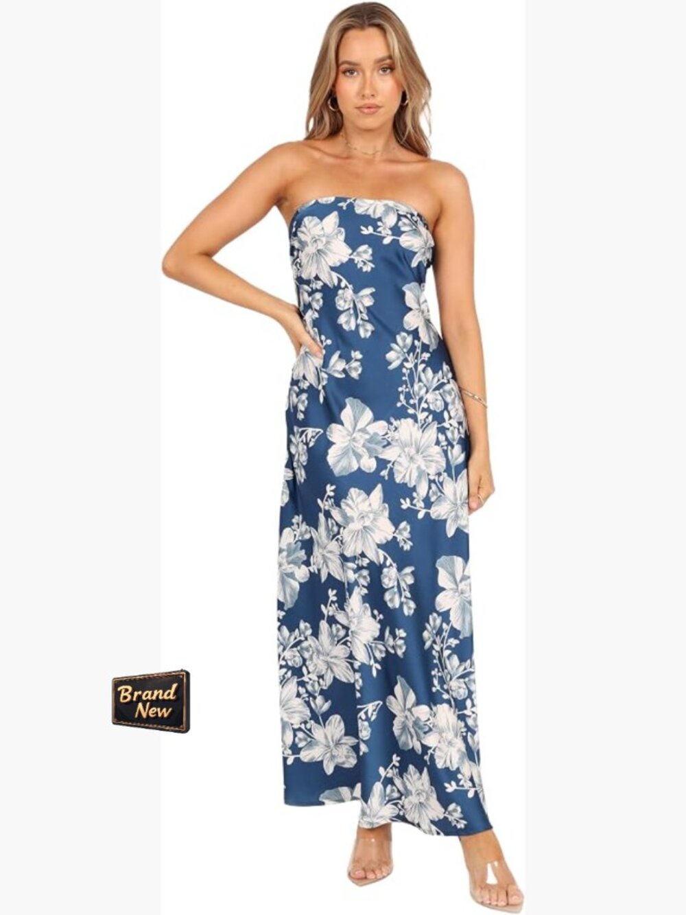 Strapless Maxi Dress with Floral Print and Back Shirring